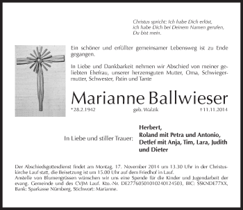 Traueranzeige von Marianne Ballwieser von Pegnitz-Zeitung